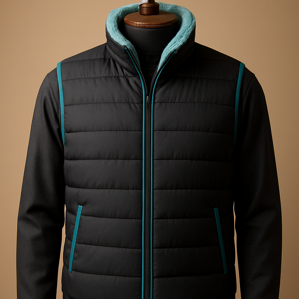 
"Photorealistic product shot of an original men's reversible quilted vest on a premium polished wooden full‑torso mannequin. Primary side: matte black fabric with horizontal channel quilting; accent trims and pocket edges in turquoise blue. Collar: detachable funnel collar lined with sheep‑shearling fleece (soft visible pile) in desaturated turquoise (#36C7BD) — same hue as trims but slightly muted. Fastening: fully concealed matte black zipper, no buttons. Features: horizontal quilting, subtle asymmetrical hem, refined stitch details, realistic fabric texture. Styling: worn over a dark charcoal Saudi thobe, posed on a luxurious wooden mannequin. Lighting: studio luxury catalogue lighting — soft directional key light from left, gentle rim light, neutral warm backdrop, shallow depth of field. Camera: 85mm, f/4, high detail, ultra‑realistic, commercial product photography. No logos, no text, no watermark, not a replica."
"Photorealistic front product shot of the reversible quilted vest on a polished wooden full‑torso mannequin. Matte black primary, turquoise trims; detachable funnel collar showing desaturated turquoise shearling lining (#36C7BD); concealed hidden zipper (no buttons). Straight‑on view, even studio lighting, soft shadows, sharp fabric texture and pocket/zipper details visible. Camera: 50mm, f/5.6, neutral warm backdrop, commercial catalogue style. No logos, no text."

"Extreme close‑up of vest fabric and stitching: horizontal quilting channels, turquoise piping, hidden zipper seam detail, and soft desaturated‑turquoise shearling visible inside the collar (#36C7BD). Macro detail, true fabric grain, studio lighting for texture emphasis, high dynamic range, ultra realistic. Camera: 100mm macro, f/8, focus stacking if possible. No logos, no watermark."

"Photorealistic men's reversible quilted vest on premium wooden mannequin — matte black primary, turquoise blue accents, shearling funnel collar in desaturated turquoise #36C7BD, fully concealed zipper (no buttons), horizontal quilting, over dark charcoal Saudi thobe, studio luxury lighting, shallow DOF, ultra‑realistic, no logos —ar 3:4 --q 2 --stylize 50"


"Photorealistic product shot of an original men's reversible quilted vest on a premium polished wooden full‑torso mannequin. Primary side: matte black fabric with horizontal channel quilting; accent trims and pocket edges in turquoise blue. Collar: detachable funnel collar lined with sheep‑shearling fleece (soft visible pile) in desaturated turquoise (#36C7BD) — same hue as trims but slightly muted. Fastening: fully concealed matte black zipper, no buttons. Features: horizontal quilting, subtle asymmetrical hem, refined stitch details, realistic fabric texture. Styling: worn over a dark charcoal Saudi thobe, posed on a luxurious wooden mannequin. Lighting: studio luxury catalogue lighting — soft directional key light from left, gentle rim light, neutral warm backdrop, shallow depth of field. Camera: 85mm, f/4, high detail, ultra‑realistic, commercial product photography. No logos, no text, no watermark, not a replica."
"Photorealistic front product shot of the reversible quilted vest on a polished wooden full‑torso mannequin. Matte black primary, turquoise trims; detachable funnel collar showing desaturated turquoise shearling lining (#36C7BD); concealed hidden zipper (no buttons). Straight‑on view, even studio lighting, soft shadows, sharp fabric texture and pocket/zipper details visible. Camera: 50mm, f/5.6, neutral warm backdrop, commercial catalogue style. No logos, no text."

"Extreme close‑up of vest fabric and stitching: horizontal quilting channels, turquoise piping, hidden zipper seam detail, and soft desaturated‑turquoise shearling visible inside the collar (#36C7BD). Macro detail, true fabric grain, studio lighting for texture emphasis, high dynamic range, ultra realistic. Camera: 100mm macro, f/8, focus stacking if possible. No logos, no watermark."

"Photorealistic men's reversible quilted vest on premium wooden mannequin — matte black primary, turquoise blue accents, shearling funnel collar in desaturated turquoise #36C7BD, fully concealed zipper (no buttons), horizontal quilting, over dark charcoal Saudi thobe, studio luxury lighting, shallow DOF, ultra‑realistic, no logos —ar 3:4 --q 2 --stylize 50"