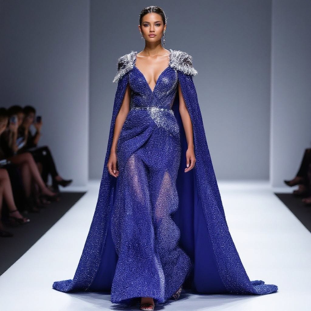 A straight gown made with beaded fabric and some side drapes by the waist to hip with fabric dangling a hip length cape made with beaded fabric at the back hanging on both shoulders looking drappy add embellishments to the waist and both shoulders
Experimental fashion: A draped gown made with beaded fabric, featuring a hip-length cape and dramatic shoulder embellishments.