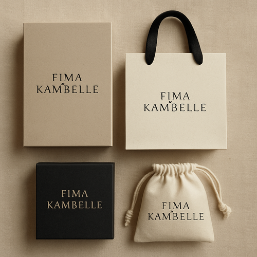 Create me 4 different unique, sophisticated packages materials for my clothing brand FIMA KAMBELLE by making it first of its kind and chic.