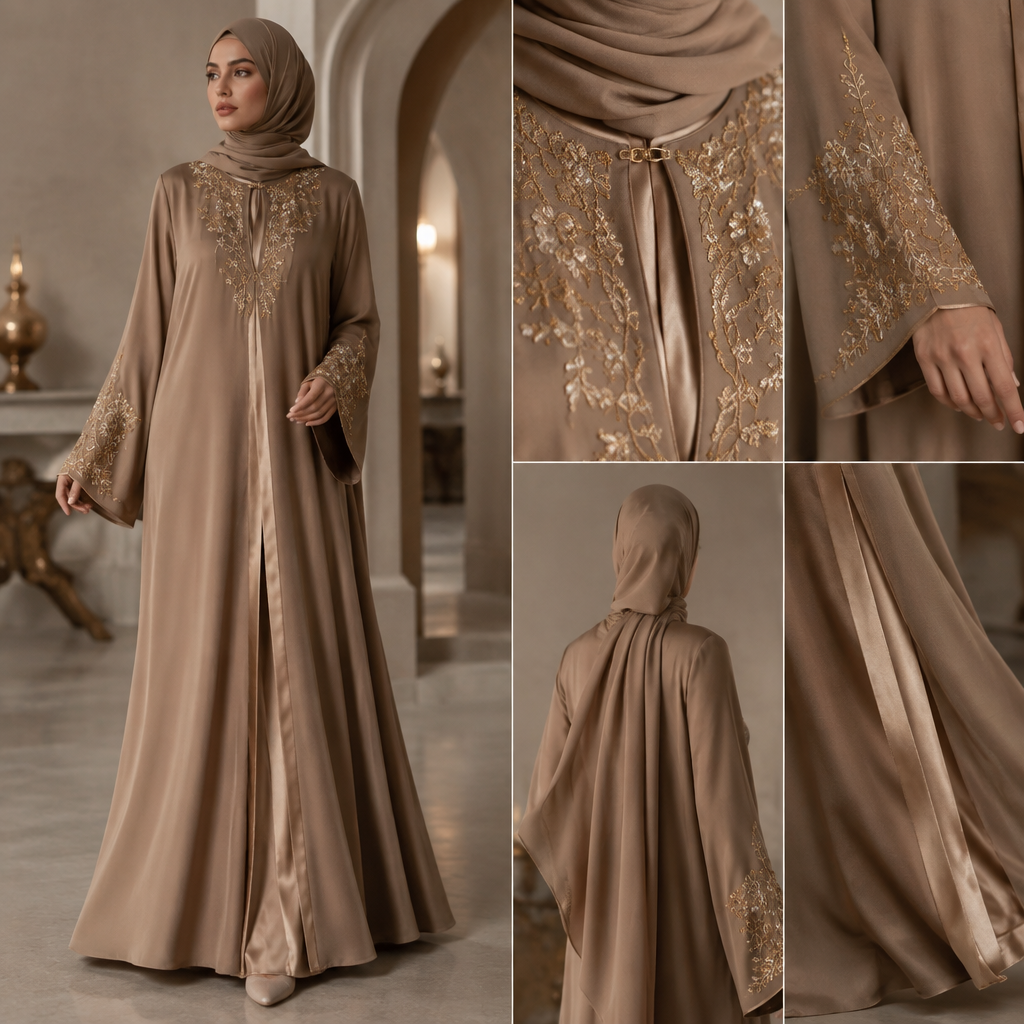 Abaya large de couleur beige allant au marron
Des manches longs et brodes avec un fil d or. La poitrine est brode
Je veux aussi ajouter un peu de satin mais a condition qu il soit discret pas trop apparant
Toujours le col est fait avec un fermoire qui permet l allaitement naturel. Algeria fashion aesthetics. Present it as professional fashion catalogue photography: the garment is the subject, shown full-length with editorial styling, neutral posing and tasteful, non-suggestive framing.
photorealistic fashion design, Abaya large de couleur beige allant au marron
Des manches longs et brodes avec un fil d or. La poitrine est brode
Je veux aussi ajouter un peu de satin mais a condition qu il soit discret pas trop apparant
Toujours le col est fait avec un fermoire qui permet l allaitement naturel. Algeria fashion aesthetics. Present it as professional fashion catalogue photography: the garment is the subject, shown full-length with editorial styling, neutral posing and tasteful, non-suggestive framing., just the design no text