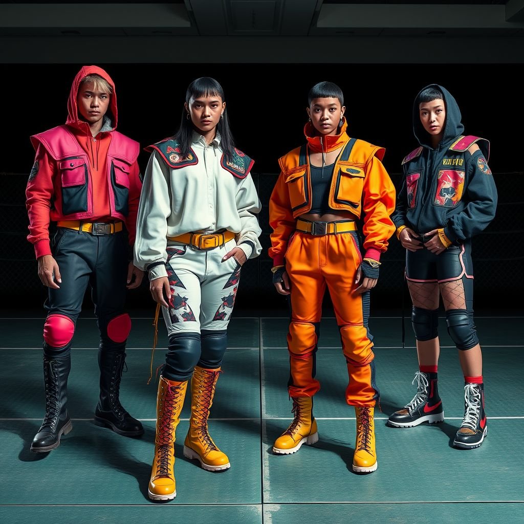 Wrestling
Design a bold wrestling-inspired streetwear collection that fuses vibrant colors, oversized silhouettes, and athletic materials. Incorporate features like exaggerated shoulder pads, mesh panels, and textured prints that mimic wrestling mats. Accessories include knee-high boots and statement belts, creating a powerful yet fashionable aesthetic that celebrates both sport and urban style.