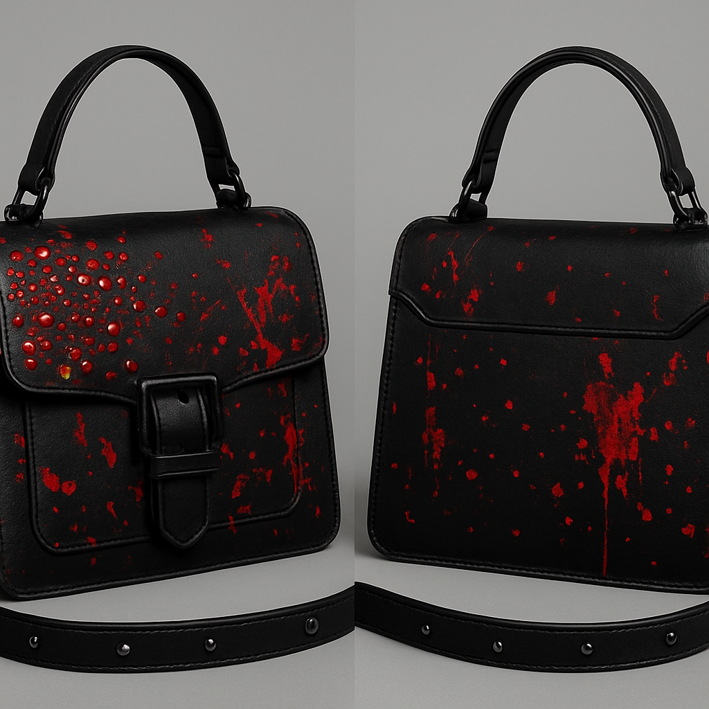 dark bag with splatters of blood rhinestones
dark bag with splatters of blood rhinestones
, punk style, show front and back