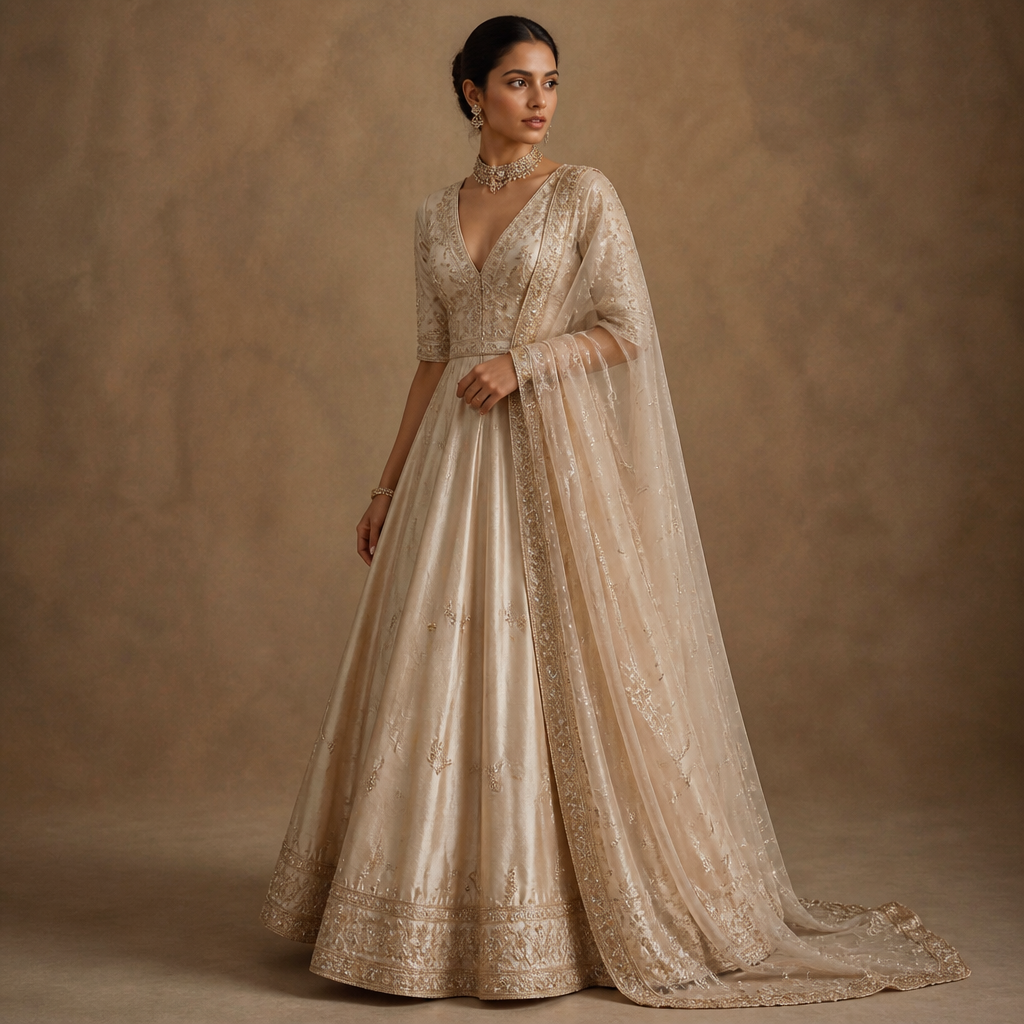 A Female Dress design, made of Silk, for Wedding, suitable for Spring, in Quiet Luxury + Glamorous + Indian style. India fashion aesthetics.
photorealistic fashion design, A Female Dress design, made of Silk, for Wedding, suitable for Spring, in Quiet Luxury + Glamorous + Indian style. India fashion aesthetics., quiet_luxury style, just the design no text