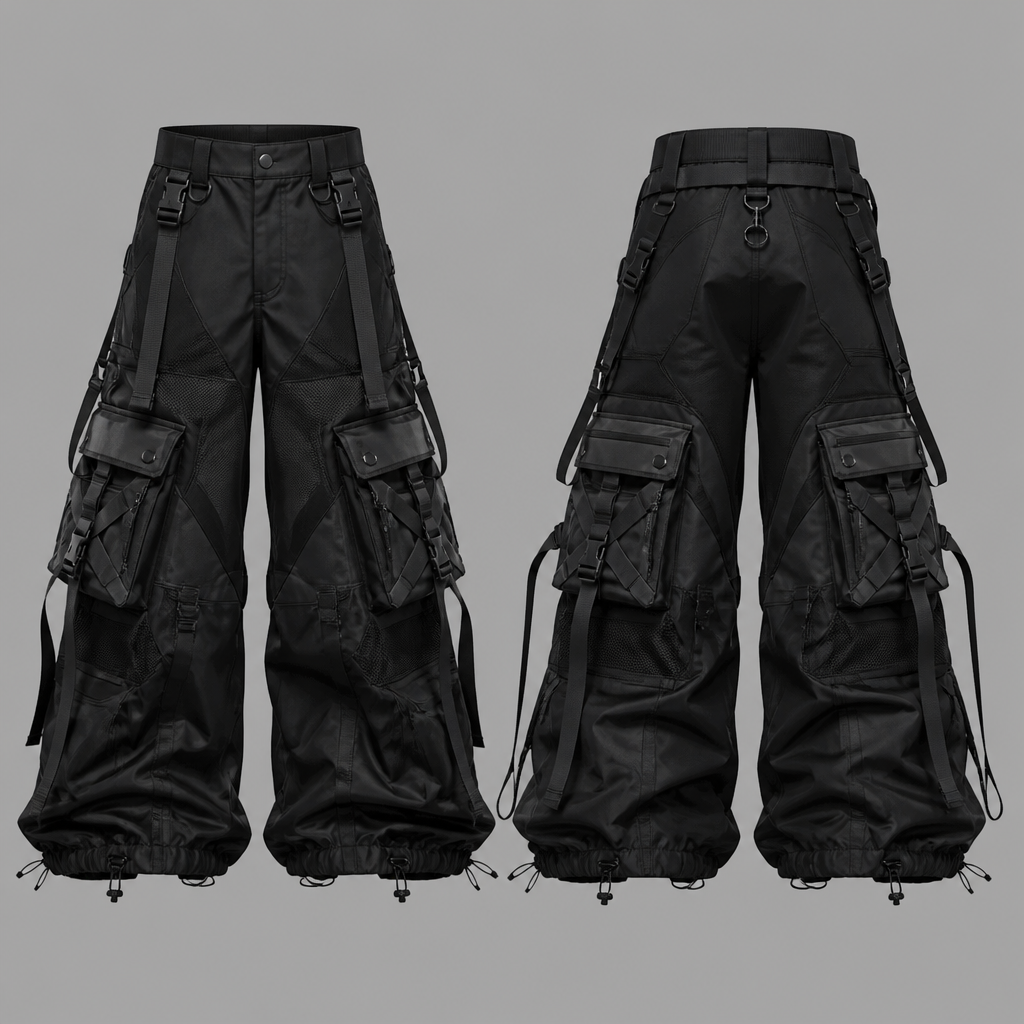 A hiphop cargo pants with futuristic design
photorealistic fashion design, A hiphop cargo pants with futuristic design, health_goth style, just the design no text, show front and back