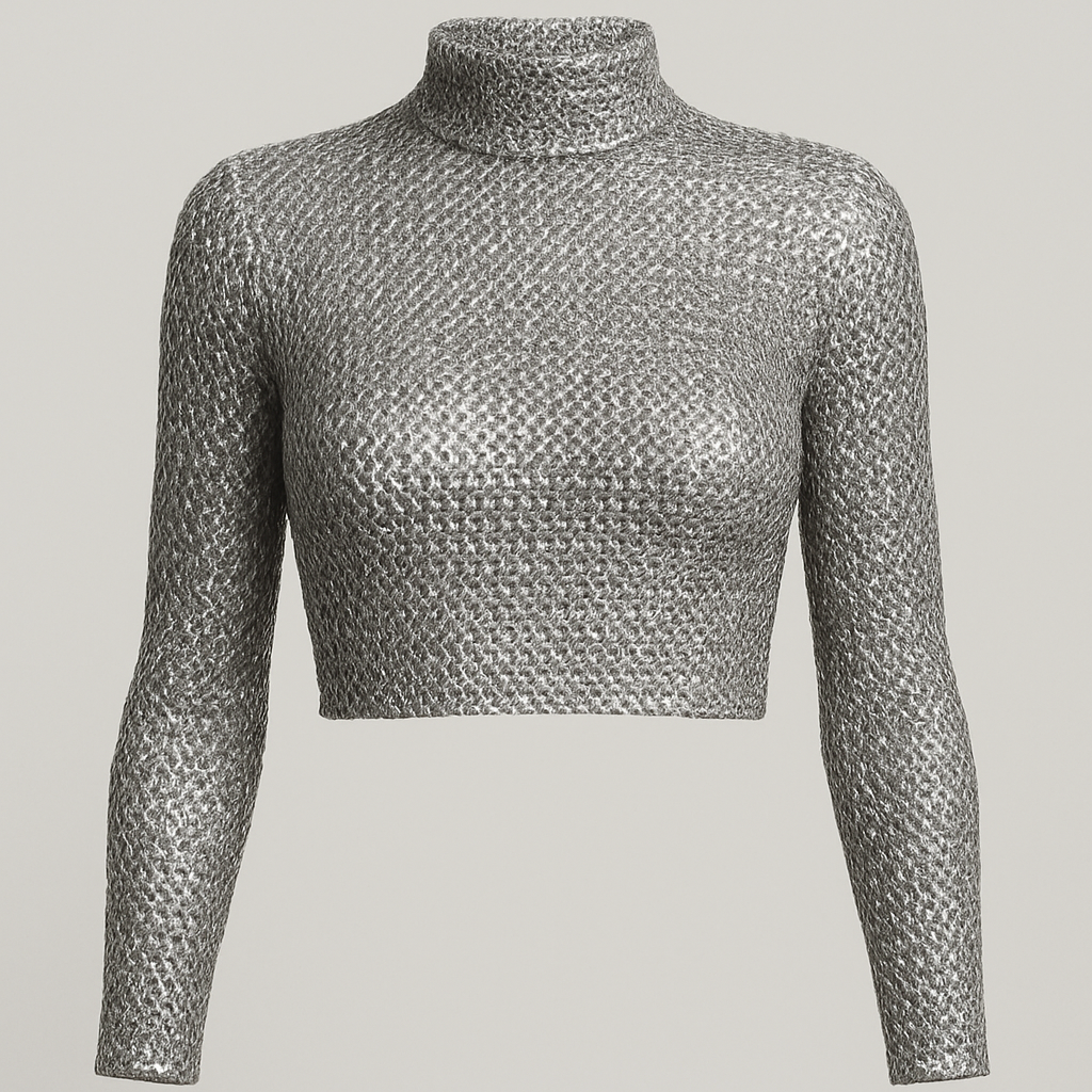 Silver chain mail long sleeve top with polo neck
Make top cropped
Reduce neck slightly
Silver chain mail long sleeve top with polo neck
Make top cropped
Reduce neck slightly