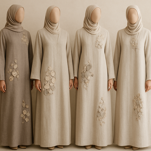 Create a modest two-piece linen abaya, the first of its kind, featuring a unique stone design that exudes a classy and sophisticated vibe. I’d like four designs, each showcasing different styles and fabrics. Incorporate high-end, unique chic stone designs to make them truly special. Add little sophisticated stone designs.