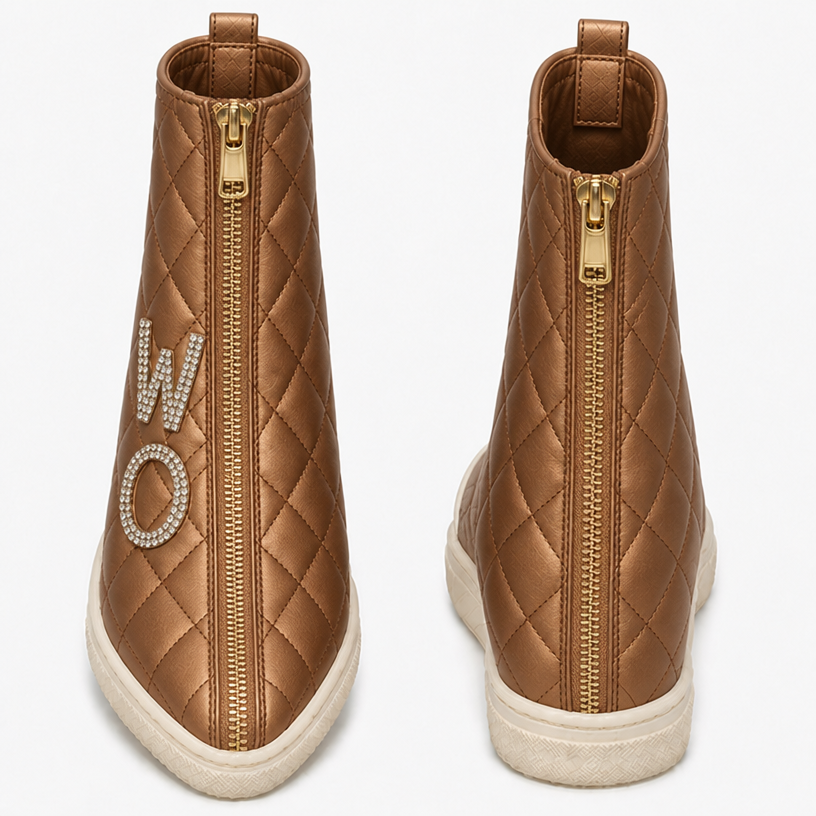 Make the same sneaker in cooper leather with the two letters in rhinestone w and o
edit the attached fashion design with these instructions: Make the same sneaker in cooper leather with the two letters in rhinestone w and o. keep it photorealistic, just the design no text