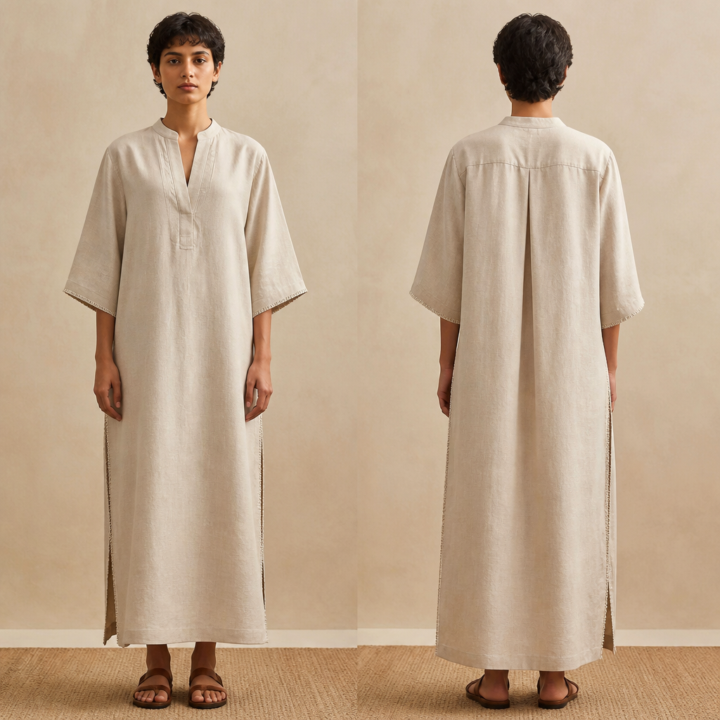 A Unisex Dress design, made of Linen, suitable for Summer. Pakistan fashion aesthetics.
photorealistic fashion design, A Unisex Dress design, made of Linen, suitable for Summer. Pakistan fashion aesthetics., just the design no text, show front and back