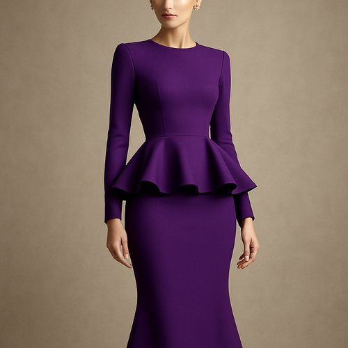 Purple Peplum Dress Midi Length With Long Sleeve