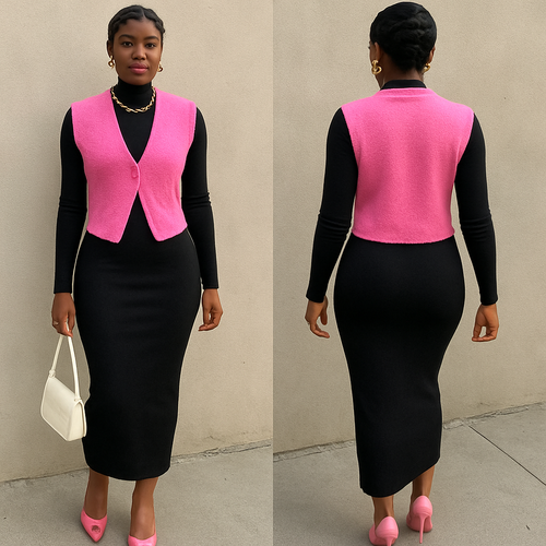 Black woman 
Finger waves 
Long tight collared black dress 
Pink vest 
White purse 
Pink heels 
gold jewelry 
Clear lipgloss