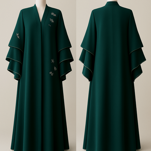 The Luxury Double-Sleeve Abaya
Tone: Deep Emerald Design: Layered double-sleeve with stone outlines and a few floral appliqués. Why it will sell: Double-sleeve designs trend every year sophisticated and instantly attractive.
