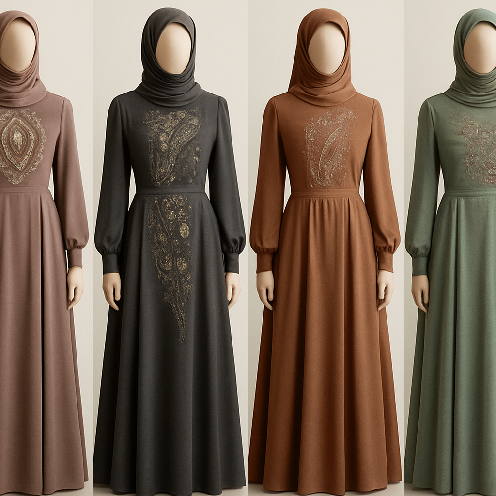 Create me modest dresses that's first in the world, using unique stone design, classy and sophisticated. Keep me 4 designs. Make them rich by adding minimal stone embroidery and stones designs. Showcasing different styles and fabric.
Create me modest dresses that's first in the world, using unique stone design, classy and sophisticated. Keep me 4 designs. Make them rich by adding minimal stone embroidery and stones designs. Showcasing different styles and fabric.