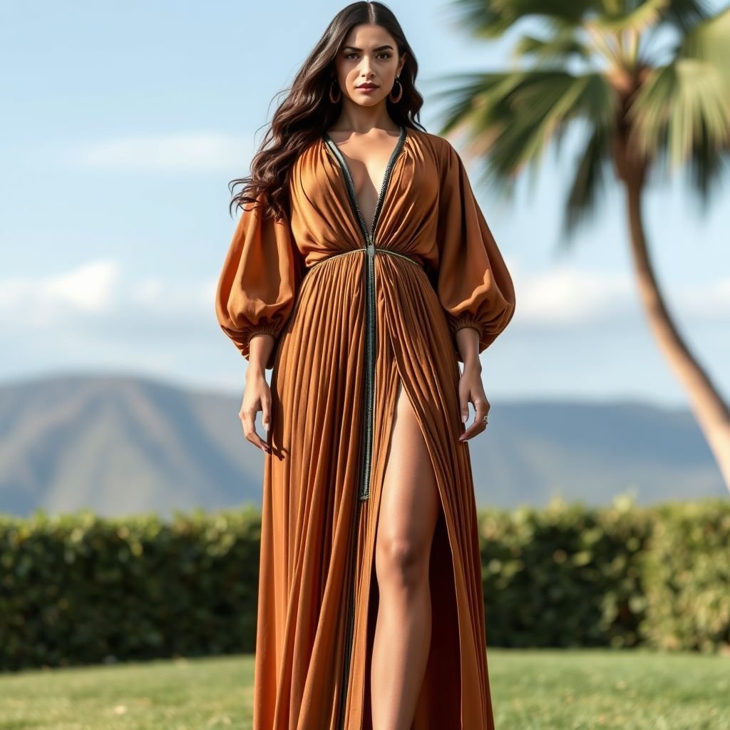 A mumu dress vertically gathered to center front with a detachable zipper in front. A v neckline stop right at the breast point line and a slit on the same front seam starting right above the knee
Design a breathtaking glamorous mumu dress featuring vertical gathers that elegantly converge at the center front. Highlight sophistication with a daring v-neckline that accentuates the décolletage, and a chic detachable zipper for versatility. Add a sensual thigh-high slit along the front seam, ensuring it exudes opulence and allure with every movement.