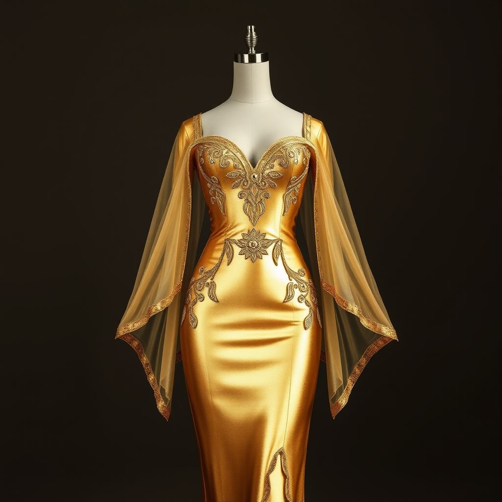 A gold metallic dress with sweetheart neckline giving the Egyptian queen cleopatra theme, form fitting silhouette
Design an enchanting gold metallic dress that embodies elegant opulence, featuring a dramatic sweetheart neckline to evoke the regal essence of Cleopatra. The form-fitting silhouette elegantly hugs the body, accentuated by intricate beadwork resembling ancient Egyptian motifs. Flowing, sheer cape sleeves add a touch of ethereal grace, perfect for a modern queen.