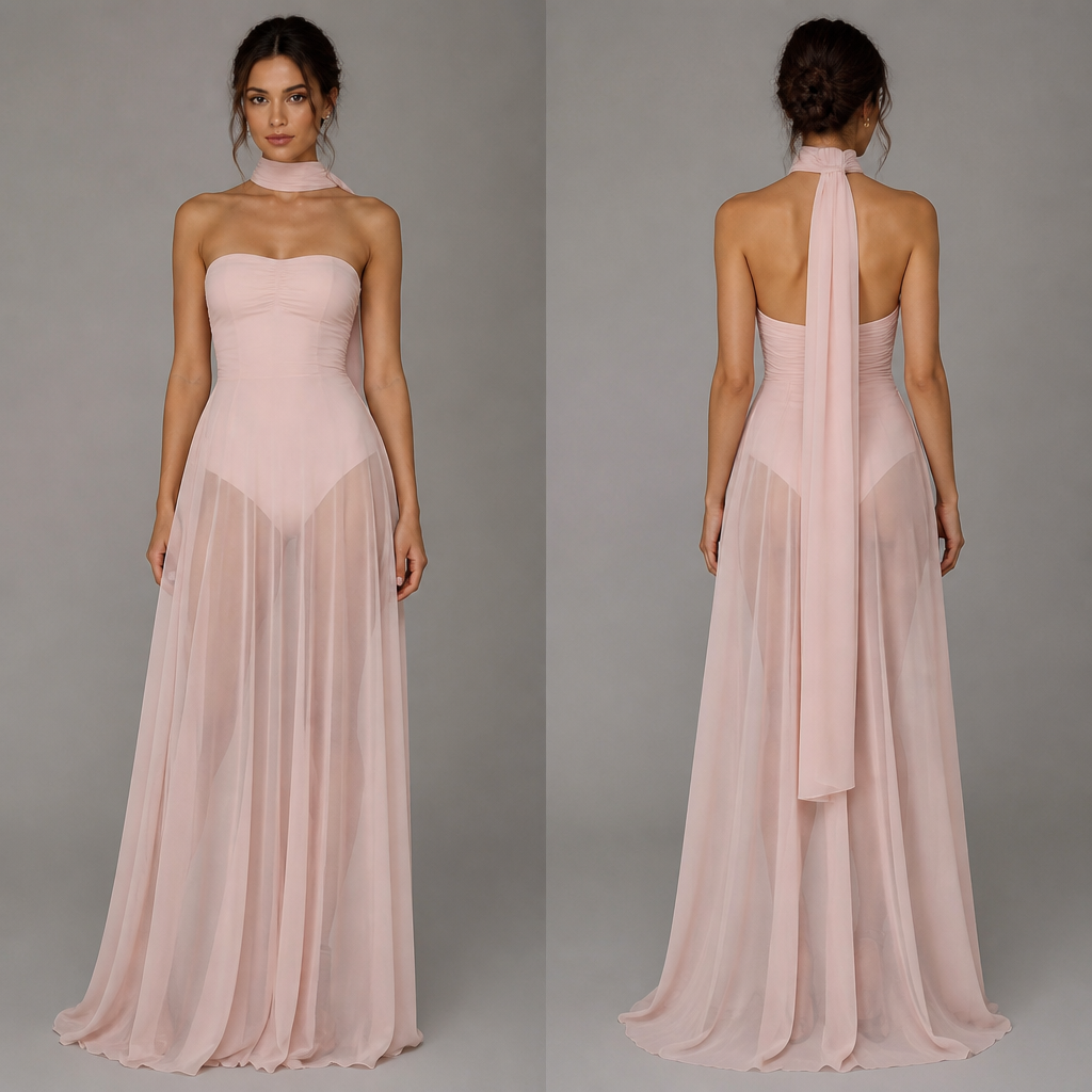 Light pink strapless dress that’s sheer from starting from below the crotch with a scarf around the neck
photorealistic fashion design, Light pink strapless dress that’s sheer from starting from below the crotch with a scarf around the neck, classic style, just the design no text, show front and back