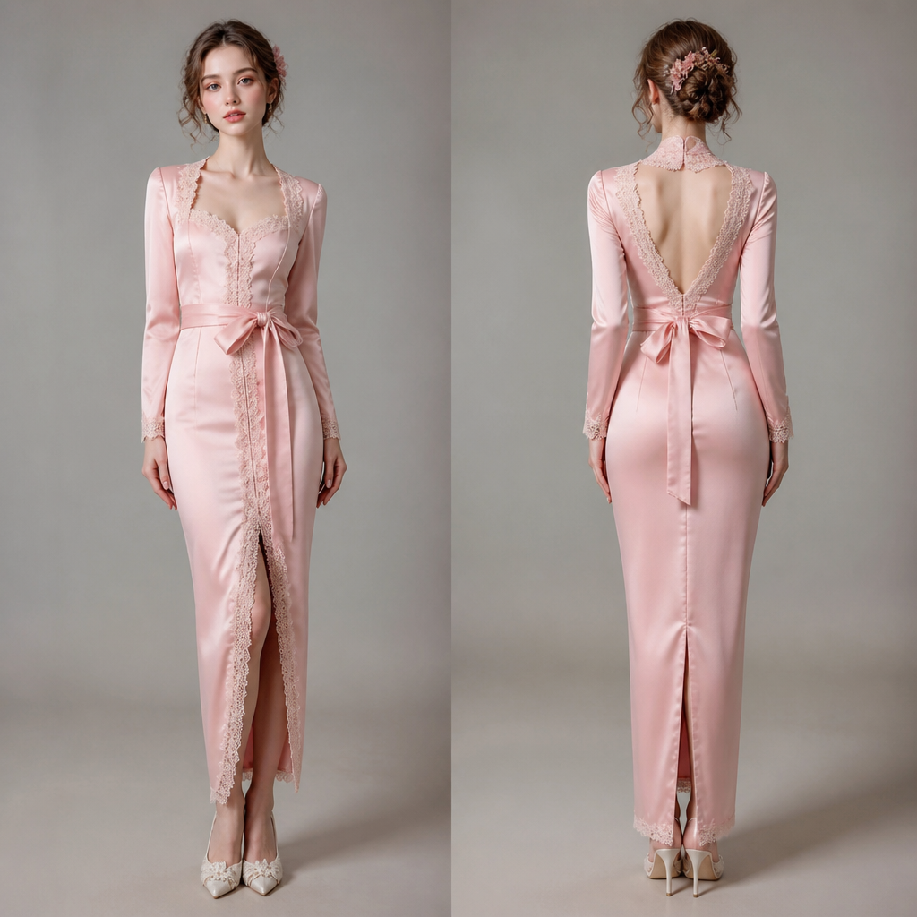 A Kebaya design, made of Satin, with a soft, cosy hand, with a Bodycon silhouette, for Date Night, suitable for Spring, in Lolita + Traditional + Asian style, shown on a model with fair skin and a petite figure. Russia fashion aesthetics. Present it as professional fashion catalogue photography: the garment is the subject, shown full-length with editorial styling, neutral posing and tasteful, non-suggestive framing.
photorealistic fashion design, A Kebaya design, made of Satin, with a soft, cosy hand, with a Bodycon silhouette, for Date Night, suitable for Spring, in Lolita + Traditional + Asian style, shown on a model with fair skin and a petite figure. Russia fashion aesthetics. Present it as professional fashion catalogue photography: the garment is the subject, shown full-length with editorial styling, neutral posing and tasteful, non-suggestive framing., lolita style, just the design no text, show front and back
