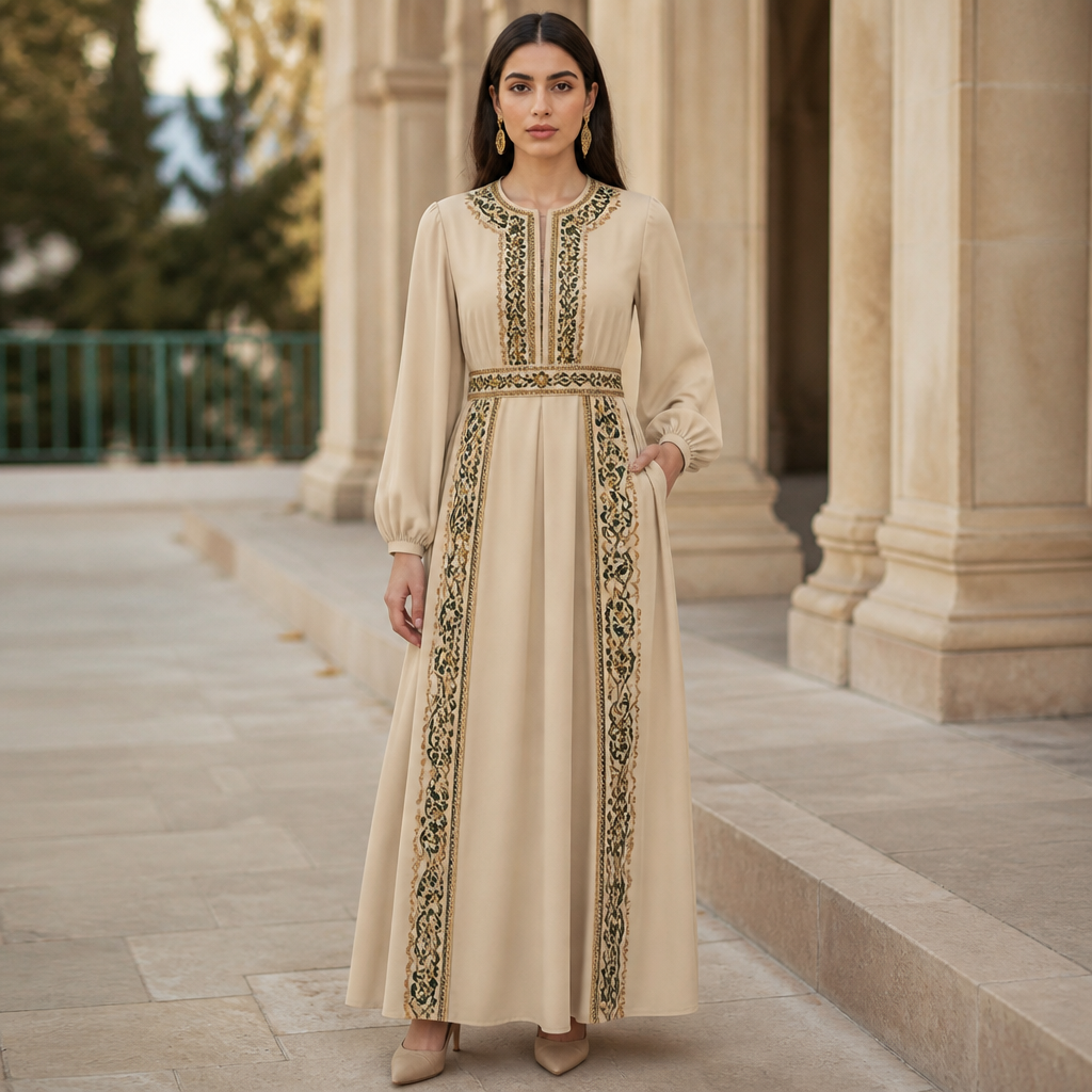 A Female Dress design, suitable for Fall. Algeria fashion aesthetics. Current season is Autumn in Algeria. Present it as professional fashion catalogue photography: the garment is the subject, shown full-length with editorial styling, neutral posing and tasteful, non-suggestive framing.
photorealistic fashion design, A Female Dress design, suitable for Fall. Algeria fashion aesthetics. Current season is Autumn in Algeria. Present it as professional fashion catalogue photography: the garment is the subject, shown full-length with editorial styling, neutral posing and tasteful, non-suggestive framing., just the design no text