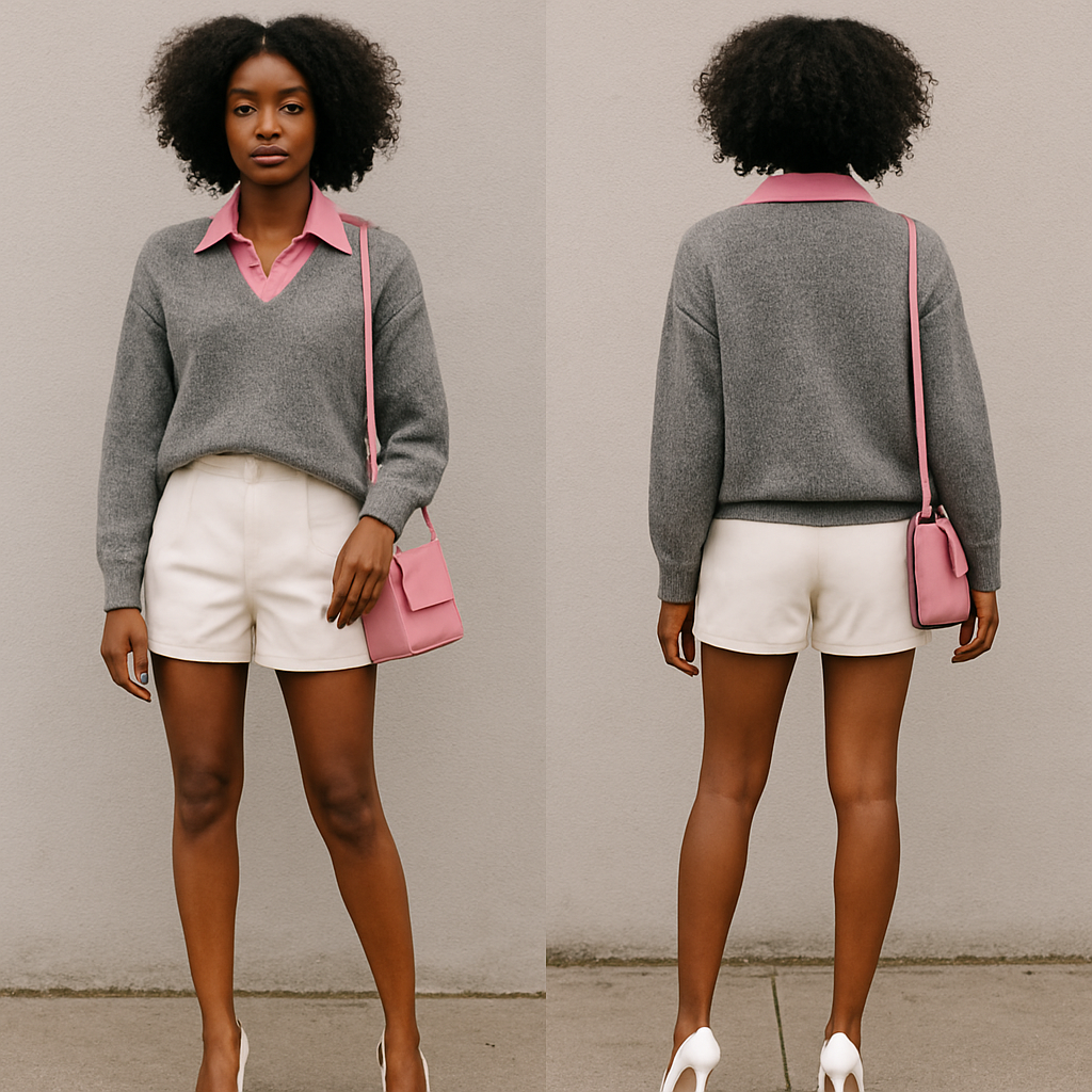 Black woman
Pink collared blouse
White shorts
Grey sweater on
Pink purse
White heels
Gold jewelry
Black woman
Pink collared blouse
White shorts
Grey sweater on
Pink purse
White heels
Gold jewelry
, streetwear style, show front and back