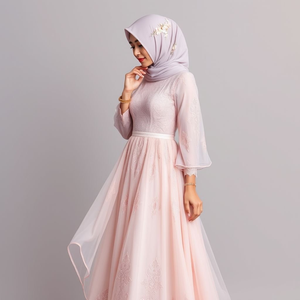 “Elegant and modest outfit for a proposal event. A flowy, full-length dress in soft romantic tones, paired with a delicate hijab and subtle accessories for a graceful, heartfelt look.”
Envision an elegant, modest outfit for a heartfelt proposal event. Picture a flowy, full-length dress in soft blush and lavender tones, adorned with intricate lace detailing. The outfit is complemented by a delicate silk hijab featuring subtle floral embroidery, and dainty gold accessories, creating an ethereal, romantic aesthetic that captures love’s essence.