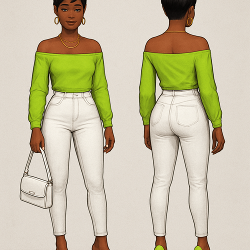 Black woman 
Lime shirt off the shoulders 
Tight white jeans 
Lime heels 
Gold necklace 
And earrings 
Gold rings on fingers 
Pixie cut 
White purse 