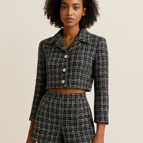 Tweed crop jacket in black and white with matching tweed shorts