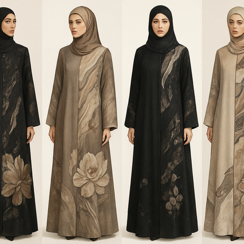 Create a modest abaya that's the first of its kind, featuring a unique stone design that exudes a classy and sophisticated vibe. I'd like four designs, each showcasing different styles and fabrics.Incorporate high-end, unique chic stone designs to make them truly special. And add little cute touch of sophisticated stone designs. Add huge flower and unique designs.