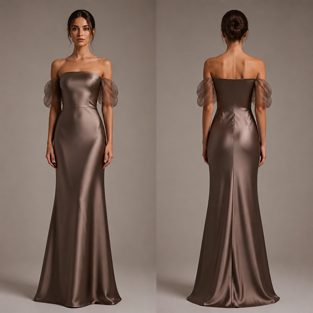 photorealistic fashion design, A Female Dress design, made of Satin, in Minimalist + Glamorous + Elegant style. сверху хочу чтобы показывала фигуру, снизу немного по свободнее, плечи пусть будут немного прозрачнее, фонарики чтобы они немного были опущены чтобы были видны плечи, спина будет закрыта и добавить мой бренд, хочу чтобы было где то на талии типо на ремне, но было вечернее платье. KG fashion aesthetics., minimalist style, just the design no text, show front and back. Refinement: рукава сделать короче, убрать ремень, логотип бренда сделай где то на плече маленьким шрифтом
photorealistic fashion design, photorealistic fashion design, A Female Dress design, made of Satin, in Minimalist + Glamorous + Elegant style. сверху хочу чтобы показывала фигуру, снизу немного по свободнее, плечи пусть будут немного прозрачнее, фонарики чтобы они немного были опущены чтобы были видны плечи, спина будет закрыта и добавить мой бренд, хочу чтобы было где то на талии типо на ремне, но было вечернее платье. KG fashion aesthetics., minimalist style, just the design no text, show front and back. Refinement: рукава сделать короче, убрать ремень, логотип бренда сделай где то на плече маленьким шрифтом , just the design no text