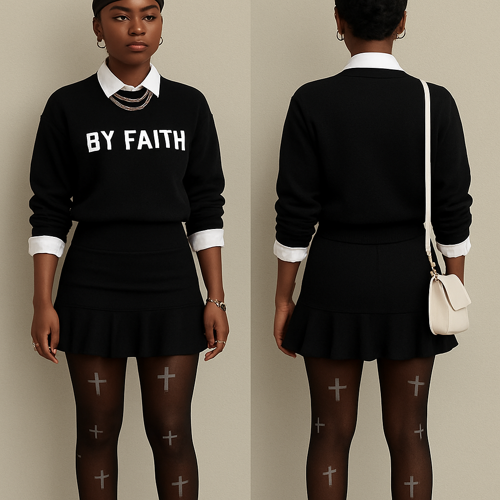 Black girl
Finger waves
White collared shirt
Black sweater shirt sleeves rolled it says
By Faith in it
Tight short ruffled black skirt
Black stockings with with crosses on them
White platform boots
Gold jewelry
White crossbody purse
Black girl
Finger waves
White collared shirt
Black sweater shirt sleeves rolled it says
By Faith in it
Tight short ruffled black skirt
Black stockings with with crosses on them
White platform boots
Gold jewelry
White crossbody purse
, streetwear style, show front and back