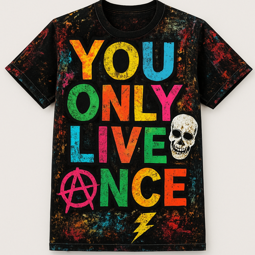 One of a kind colorful T shirt designing with words written on it saying You only live once