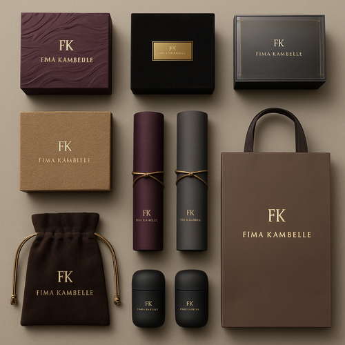 FIMA KAMBELLE clothing brand packaging 

1. Sculpted art boxes with carved textures in deep plum or obsidian.
2. Velvet-wrapped cases with gold metal nameplates.
3. Matte boxes with crystal-edge lids for a luxe reveal.
4. Sand-pressed textured boxes in rich, earthy tones.
5. Silk-wrapped scroll tubes for scarves and accessories.
6. Suede pouches with metallic cords and minimal FK branding.
7. Seamless magnetic capsules for a modern, couture feel.
8. Big paper bag
