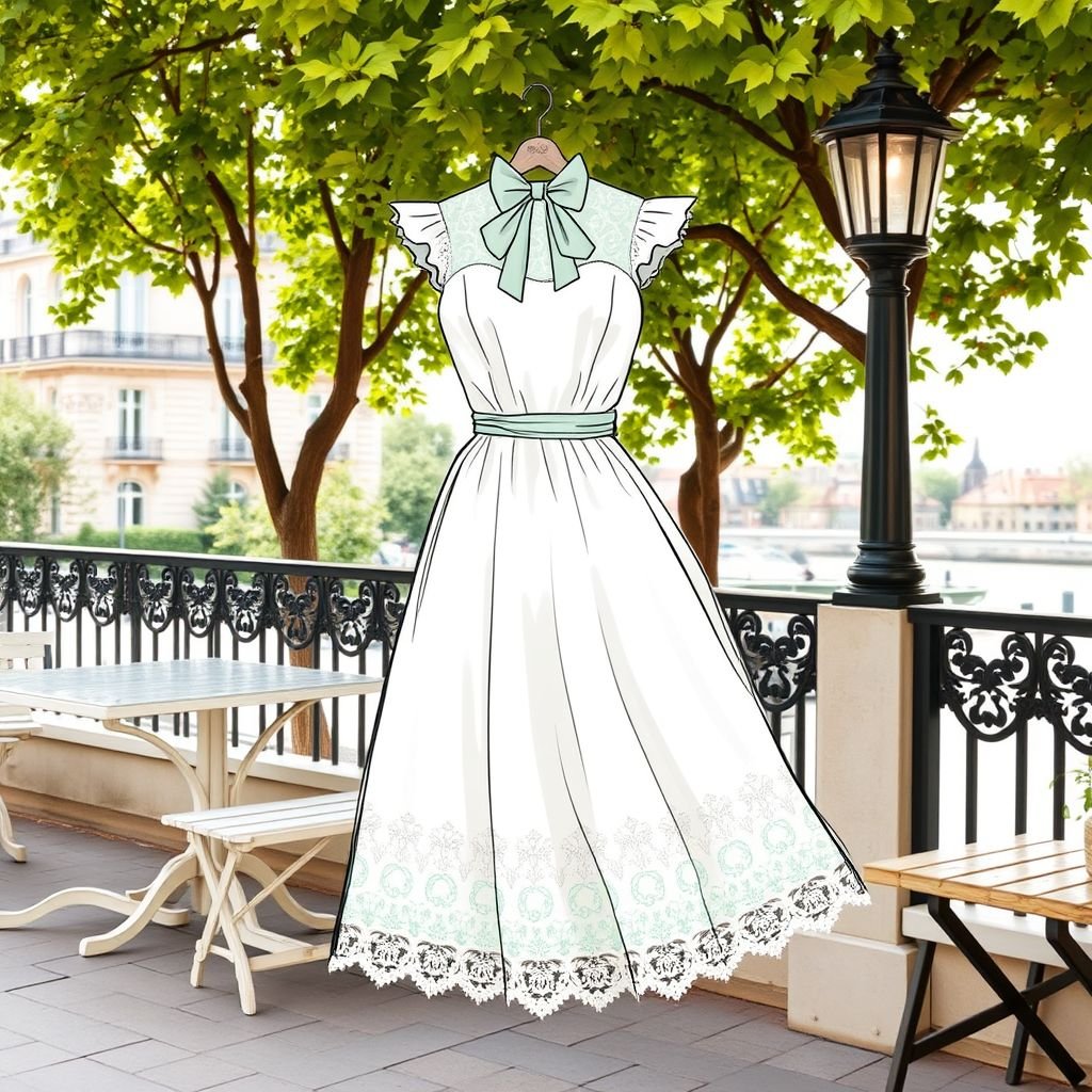 Summer dress simple for resort wear
Design a chic Parisian summer dress, embodying effortless elegance and sophistication. Picture a flowy silhouette in soft, pastel hues, adorned with delicate lace trim and a subtle peplum waist. Incorporate whimsical details like a bow at the neckline and minty green accents, perfect for sipping café au lait by the Seine.