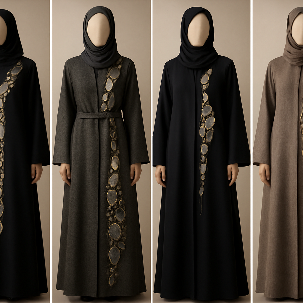 Create a modest abaya that's the first of its kind, featuring a unique stone design that exudes a classy and sophisticated vibe. I'd like four designs, each showcasing different styles and fabrics.
Incorporate high-end, unique chic stone designs to make them truly special. Add a little sophisticated stone work to it.

Create a modest abaya that's the first of its kind, featuring a unique stone design that exudes a classy and sophisticated vibe. I'd like four designs, each showcasing different styles and fabrics.
Incorporate high-end, unique chic stone designs to make them truly special. Add a little sophisticated stone work to it.