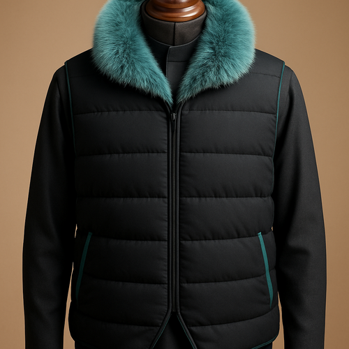 
Photorealistic commercial product shot of an original men's reversible quilted vest on a premium polished wooden full‑torso mannequin. Primary side: very deep matte black with horizontal channel quilting; accent trims and pocket edges slightly desaturated turquoise (HEX #46C9C1). Collar: lowered funnel collar, turned up and neatly styled to clearly show a continuous stuffed turquoise fur trim forming a padded ring around the collar. Fur detail: long, dense, realistic animal‑like fur (cat / bear) — individual tapered fibers and visible guard hairs with soft underfur, directional flow, varying strand lengths ~10–35 mm, slightly glossy tips, fluffy raised pile to emphasize a pronounced padded collar. Shearling/fur color: slightly desaturated turquoise (HEX #46C9C1). Fastening: fully concealed matte black zipper, no buttons. Features: horizontal quilting, subtle asymmetrical hem, refined stitch details, realistic fabric texture. Styling: worn over a dark charcoal Saudi thobe, posed on a luxurious polished wooden mannequin. Lighting: studio luxury catalogue lighting — soft directional key light from left, gentle rim light from right, neutral warm backdrop, shallow depth of field. Camera: 85mm equivalent, f/4, high detail, ultra‑realistic commercial product photography. No logos, no text, no watermark, not a replica.

Negative prompt (to avoid wool/fabric look):
lowres, watermark, text, logo, signature, oversaturated, cartoon, painterly, blurred, noisy, unnatural color casts, wool, fleece, knit, knitted, woven, yarn, felt, tufted, carpet, upholstery, fabric texture, sheepskin-like fleece (if you want animal fur specifically)

Two quick texture variants you can swap in:
- Cat‑style (softer, finer): change "varying strand lengths ~10–35 mm" → "8–15 mm, very fine tapered fibers, silky glossy finish"
- Bear‑style (coarser, denser): change to "15–35 mm, thicker guard hairs, slightly irregular clumps, matte-to-satiny tips"

Suggested generation settings:
- Stable Diffusion / SDXL: Sampler DPM++ or Euler a, Steps 20–30, Guidance/CFG 7–9, Resolution 1024x1536 (portrait), enable high‑detail/texture enhancement.
- Midjourney: aspect ratio 2:3, quality 1–2 (--ar 2:3 --q 1 or 2), lower stylize for realism (--stylize 50–100), add "--no wool,knit,fleece,text,watermark".
- General: increase texture/detail conditioning and use high-res/tiling off; run a few seeds and pick the best.