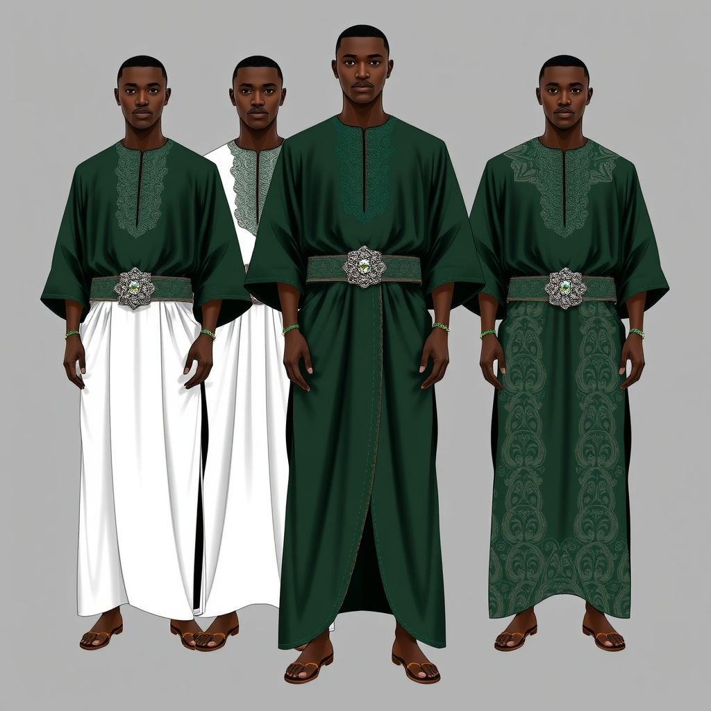 Create a kaftan style design that incorporates a little slice of structure, some ruched details in dark hunter green color and some crystal embroidery to help cover a ruched waist. This is man’s kaftan that combines the modern with the traditional Nigerian kaftan look. Make the design on one continuous flowing fabric piece. Create 5 variation in hunter green. With a lower neckline
Design a series of five variations of a men's kaftan, infusing the elegance of traditional Nigerian fashion with contemporary flair. Each piece features a lower neckline and ruched details in dark hunter green, complemented by shimmering crystal embroidery embellishing the waistline. Emphasize flowing, continuous fabric that captures the essence of African artistry, incorporating intricate patterns and textures inspired by cultural motifs for a striking, modern silhouette.