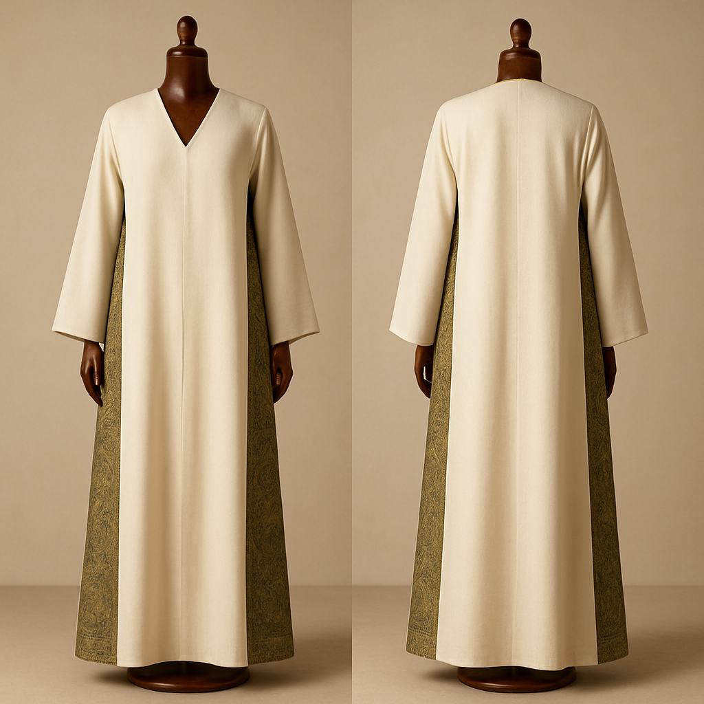 (photorealistic)
"Photorealistic full-length fashion photograph of an ankle-length ivory white abaya v cut from front displayed on a luxurious polished wooden mannequin. The abaya features long side slits from underarm to ankle with an external Kashmiri patterned panel attached to the outer edge of each slit; the Kashmiri panel is jacquard/textured paisley in complementary-olive green with little gold touches tones. A narrow Najdi geometric embroidery (3–3.5 cm wide) in matte antique-gold thread runs along the outer edge of each panel, with small repeating motifs spaced every 15–20 cm — embroidery visible down to the ankle. Silhouette: straight A-line, soft drape, lightweight wool-blend, lightly lined. Styling: clean neutral studio background, soft directional warm light, full-length view showing panels to the ankle, high-detail texture and fabric realism. Camera: 35mm perspective, shallow depth of field (f/4), high-resolution output (4k)."
(photorealistic)
"Photorealistic full-length fashion photograph of an ankle-length ivory white abaya v cut from front displayed on a luxurious polished wooden mannequin. The abaya features long side slits from underarm to ankle with an external Kashmiri patterned panel attached to the outer edge of each slit; the Kashmiri panel is jacquard/textured paisley in complementary-olive green with little gold touches tones. A narrow Najdi geometric embroidery (3–3.5 cm wide) in matte antique-gold thread runs along the outer edge of each panel, with small repeating motifs spaced every 15–20 cm — embroidery visible down to the ankle. Silhouette: straight A-line, soft drape, lightweight wool-blend, lightly lined. Styling: clean neutral studio background, soft directional warm light, full-length view showing panels to the ankle, high-detail texture and fabric realism. Camera: 35mm perspective, shallow depth of field (f/4), high-resolution output (4k)."
, show front and back