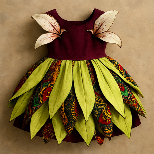 One of a kind Children’s dresses that look like lilies with colors like burgundy, lemon green, pearl with Ankara patches on it that looks fabulous, unique, and beautiful,