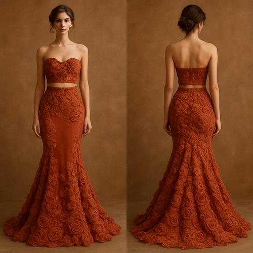 2 piece dress bottom low cut mermaid with material roses on and top is almost bra like but with design make it Tuscany but also evening  3d roses make the dress obre and strapless top higher 

