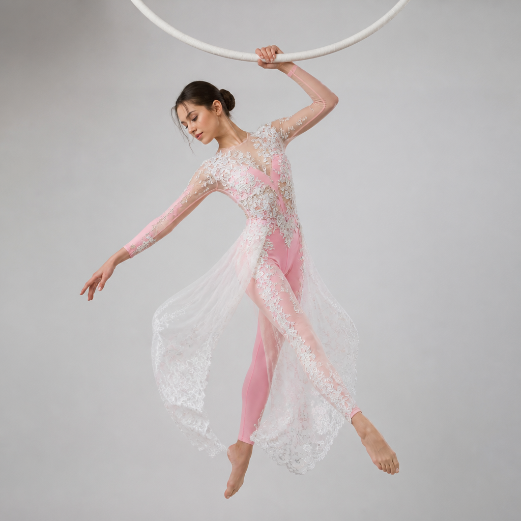 Full-body shot of an aerial gymnast wearing a stunning two-layer stage costume. The base layer is a pair of tight pink leggings or pants. Over them, a second layer of translucent white guipure lace fabric, creating a delicate overlay effect. The top is a beautiful long-sleeve bodysuit in a soft pastel pink shade, decorated with intricate floral lace and guipure appliqués. The costume is elegant, ethereal, high-fashion sportswear, flowing fabrics, dynamic pose, hyper-realistic, 8k, fashion photography style, soft studio lighting.
photorealistic fashion design, Full-body shot of an aerial gymnast wearing a stunning two-layer stage costume. The base layer is a pair of tight pink leggings or pants. Over them, a second layer of translucent white guipure lace fabric, creating a delicate overlay effect. The top is a beautiful long-sleeve bodysuit in a soft pastel pink shade, decorated with intricate floral lace and guipure appliqués. The costume is elegant, ethereal, high-fashion sportswear, flowing fabrics, dynamic pose, hyper-realistic, 8k, fashion photography style, soft studio lighting.
, just the design no text