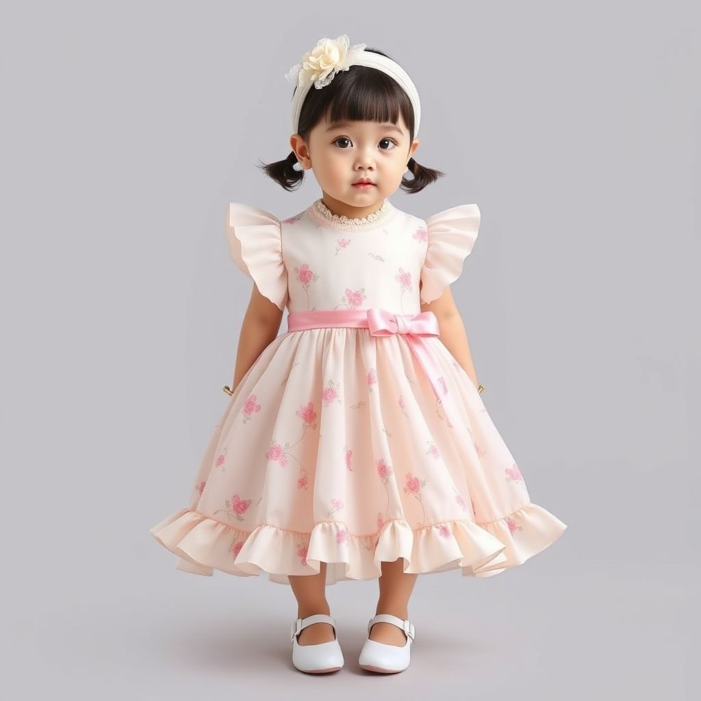 Baby girl dress
Design a whimsical baby girl dress inspired by Korean fashion, featuring pastel hues and delicate floral prints. Incorporate ruffled sleeves, a tiered skirt for playful movement, and a matching headband adorned with lace. The outfit should blend traditional Korean motifs with modern cuts, creating an enchanting yet chic look for little ones.