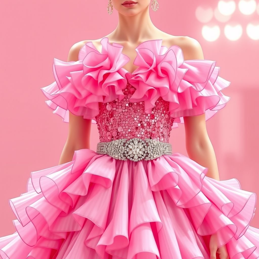 Pink ruffle dress with pink sparkles on the top
Design a show-stopping pink ruffle dress that exudes glamour, featuring cascading layers of soft, voluminous ruffles for dramatic flair. The bodice should be adorned with shimmering pink sparkles that catch the light, enhancing the allure. Complement with a dazzling belt and statement accessories, ensuring an unforgettable red carpet-ready look.