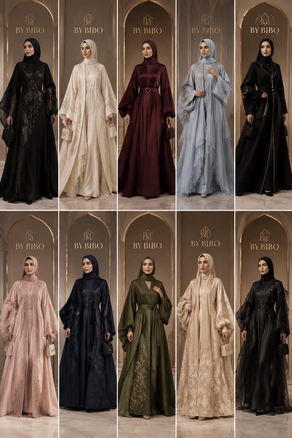 Create 10 completely different, original luxury abaya designs for my fashion brand “By Bibo”.
The designs must feel elegant, feminine, modern and artistic, with a unique signature that stands out from typical abayas in the market.
Create different silhouettes and construction details:
Flowing and elegant abayas Modern structured abayas Layered designs Asymmetrical cuts Statement sleeves Elegant open-front and closed-front styles Subtle waist definition in some designs
Experiment with luxurious combinations of fabrics such as: silk satin, denim, organza, velvet, crepe, lace, chiffon and jacquard.
Add sophisticated details such as: delicate lace, embroidery, hand-crafted details, elegant buttons, subtle metallic accents, pearl details and artistic trims.
Use a refined color palette including: black, ivory, beige, burgundy, powder pink, light blue, olive, champagne and deep navy.
Important: Each design must look ORIGINAL and different from the others. Do not copy existing designer abayas. Avoid excessive decoration. Keep the designs luxurious, wearable and realistic enough to be manufactured.
Show each abaya clearly on a beautiful professional modest fashion model wearing a hijab, in a high-end fashion studio.
Create clean full-body fashion photography with clear visibility of: front silhouette, sleeves, fabric texture, embroidery and construction details.
Add a subtle “BY BIBO” logo in the studio background.
Luxury fashion campaign aesthetic, editorial photography, realistic fabric texture, sophisticated lighting, high-end couture atmosphere.
Create 10 completely different, original luxury abaya designs for my fashion brand “By Bibo”.
The designs must feel elegant, feminine, modern and artistic, with a unique signature that stands out from typical abayas in the market.
Create different silhouettes and construction details:
Flowing and elegant abayas Modern structured abayas Layered designs Asymmetrical cuts Statement sleeves Elegant open-front and closed-front styles Subtle waist definition in some designs
Experiment with luxurious combinations of fabrics such as: silk satin, denim, organza, velvet, crepe, lace, chiffon and jacquard.
Add sophisticated details such as: delicate lace, embroidery, hand-crafted details, elegant buttons, subtle metallic accents, pearl details and artistic trims.
Use a refined color palette including: black, ivory, beige, burgundy, powder pink, light blue, olive, champagne and deep navy.
Important: Each design must look ORIGINAL and different from the others. Do not copy existing designer abayas. Avoid excessive decoration. Keep the designs luxurious, wearable and realistic enough to be manufactured.
Show each abaya clearly on a beautiful professional modest fashion model wearing a hijab, in a high-end fashion studio.
Create clean full-body fashion photography with clear visibility of: front silhouette, sleeves, fabric texture, embroidery and construction details.
Add a subtle “BY BIBO” logo in the studio background.
Luxury fashion campaign aesthetic, editorial photography, realistic fabric texture, sophisticated lighting, high-end couture atmosphere.
, art deco style