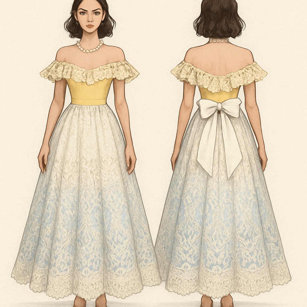 With yellow, elegant, white blue dress, something you wear on the beach with pearls and lots of lace and a big white bow
With yellow, elegant, white blue dress, something you wear on the beach with pearls and lots of lace and a big white bow, formal style, show front and back