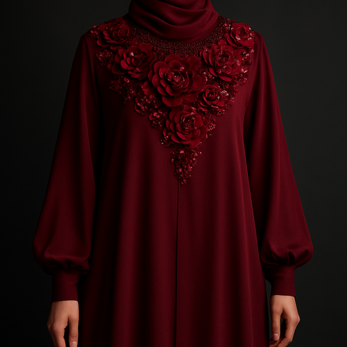 The Ruby Flora Majesty Abaya
Tone: Deep dark ruby
Design:
Large layered 3D ruby florals arranged around the neckline like a luxury necklace.
Embellishment:
Red glass stones and micro-beads giving a regal shine.
Vibe: Soft royalty + deep sensual luxury.