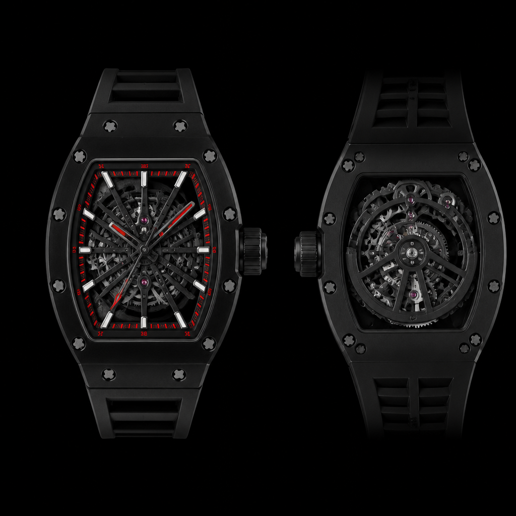 Make wristwatch looks like Richard Mille RM 67-02 Sebastian Ogier but the full black the minute and hours seconds index in red colour the hours marks in white colour marks and the brand name put to timer
photorealistic fashion design, Make wristwatch looks like Richard Mille RM 67-02 Sebastian Ogier but the full black the minute and hours seconds index in red colour the hours marks in white colour marks and the brand name put to timer , just the design no text, show front and back