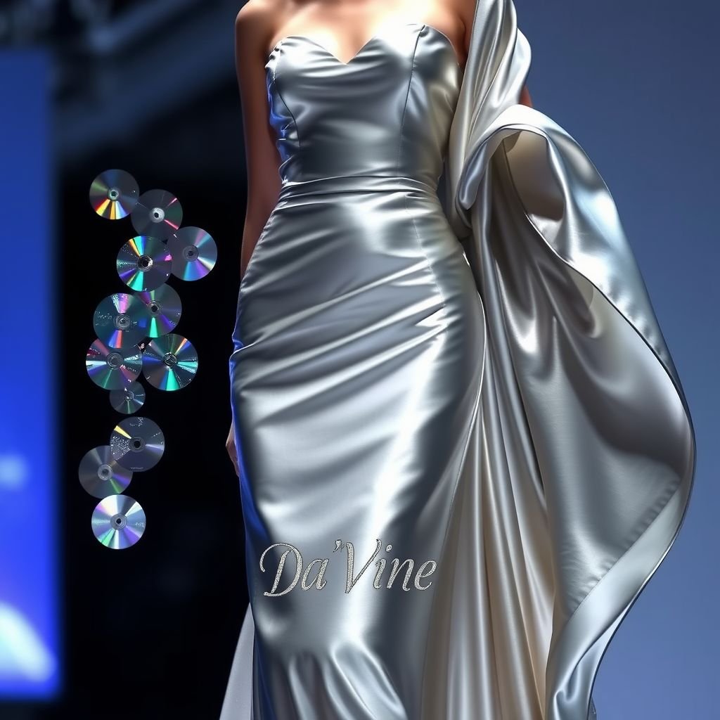 Create me a fashion, runway, beautiful silver dress, with half of it made with CD’s. Put “Da’Vine” in the bottom left corner
Design an elegant runway masterpiece featuring a stunning silver gown, artfully crafted with cascading layers of reflective CDs on one side, emitting ethereal light with every movement. The other half drapes gracefully in luxurious silk, embodying sophistication. Adorn the design with the name “Da’Vine” intricately embroidered in the bottom left corner.