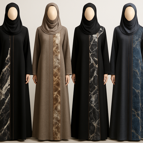 Create a modest abaya that's the first of its kind, featuring a unique stone design that exudes a classy and sophisticated vibe. I'd like four designs, each showcasing different styles and fabrics.
Incorporate high-end, unique chic stone designs to make them truly special.