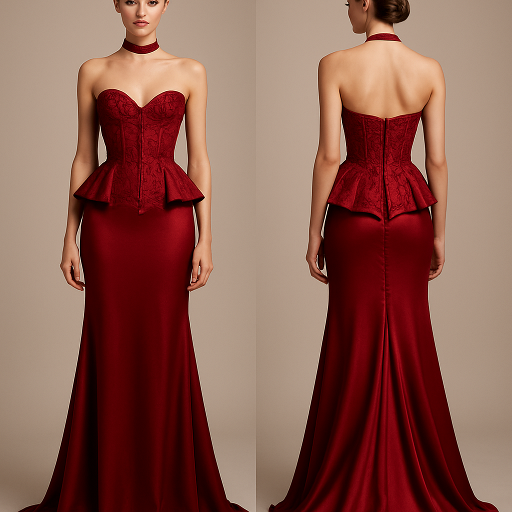 Create a high-fashion couture evening gown inspired by timeless elegance and femininity. The design features a structured corset bodice with intricate lace detailing and a sculpted peplum waist that flatters the silhouette. The gown is made from luxurious deep red silk and lace fabrics, with a floor-length, fitted skirt that flows gracefully. The neckline is sensual yet refined, paired with a minimalist choker detail. The overall look should exude sophistication, confidence, and modern romance — perfect for a 2026 haute couture runway presentation.
Create a high-fashion couture evening gown inspired by timeless elegance and femininity. The design features a structured corset bodice with intricate lace detailing and a sculpted peplum waist that flatters the silhouette. The gown is made from luxurious deep red silk and lace fabrics, with a floor-length, fitted skirt that flows gracefully. The neckline is sensual yet refined, paired with a minimalist choker detail. The overall look should exude sophistication, confidence, and modern romance — perfect for a 2026 haute couture runway presentation., haute_couture style, show front and back
