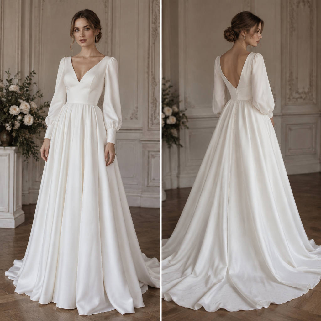 A Female Dress design, suitable for Fall. свадебное платье чтобы в нем было удобно и не жарко 46 размера 168 роста. Russia fashion aesthetics. Present it as professional fashion catalogue photography: the garment is the subject, shown full-length with editorial styling, neutral posing and tasteful, non-suggestive framing.
photorealistic fashion design, A Female Dress design, suitable for Fall. свадебное платье чтобы в нем было удобно и не жарко 46 размера 168 роста. Russia fashion aesthetics. Present it as professional fashion catalogue photography: the garment is the subject, shown full-length with editorial styling, neutral posing and tasteful, non-suggestive framing., just the design no text