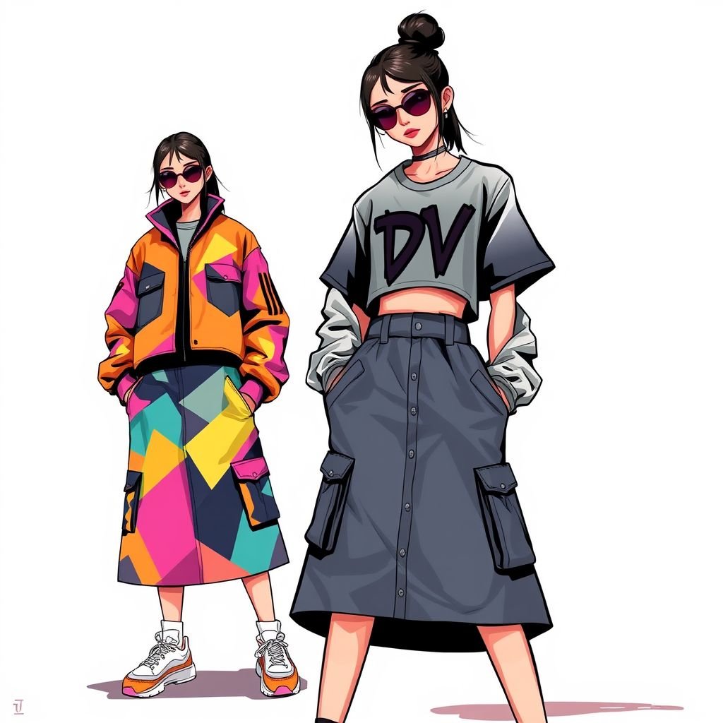 Women’s windbreaker skirt and shirt set. I want the skirt to be midi. Put “DV” somewhere on it.
Design a striking women’s streetwear ensemble featuring a vibrant midi windbreaker skirt paired with a cropped, oversized shirt. The windbreaker should have geometric patterns and a slick matte finish. Incorporate bold colors and utility pockets, with "DV" emblazoned in a graffiti-style font on both pieces, exuding urban chic vibes.