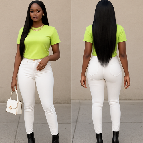 Black woman 
Lime shirt 
Tight white jeans 
heel boots 
Gold necklace 
And earrings 
Gold rings on fingers 
Long weave pass the butt 
White purse 